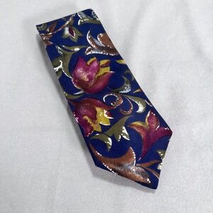 VTG Navy‎ Blue Floral Necktie Silk Made in USA Imported Fabric Men's Tie 3.5x60